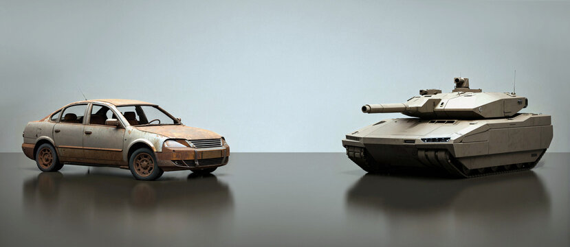 heavily rusted old brown four door civilian car next to a large modern tan armored military battle tank