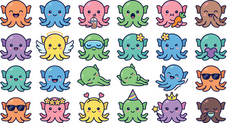 Obraz premium Cute Octopus Character Set with Different Colors and Expressions Kawaii Cartoon Vector Illustration for Kids Design and Prints