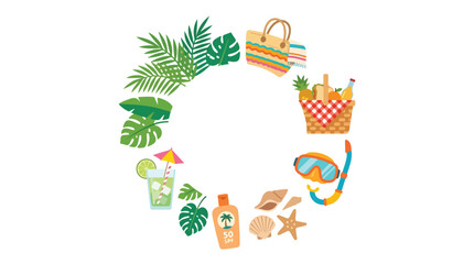 Fototapeta premium A circular composition of colorful summer-themed icons, including tropical leaves, picnic basket, beach gear, and cocktails on a white background.