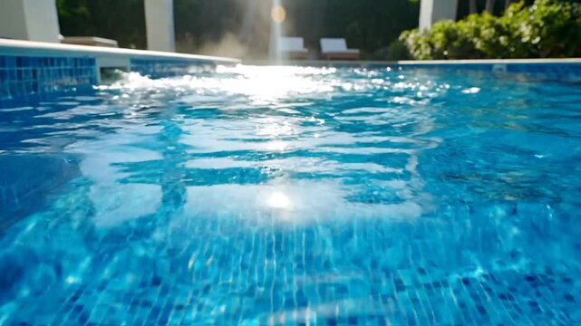Split level view of steaming blue tile swimming pool