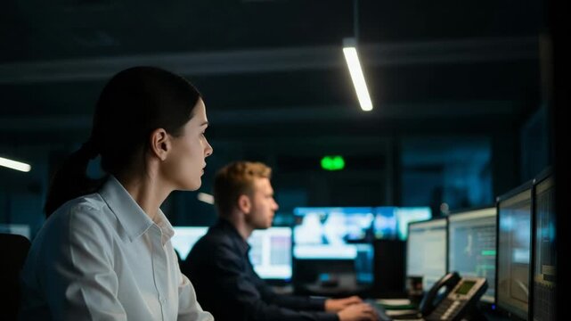 Professional cybersecurity analysts working in a dark office