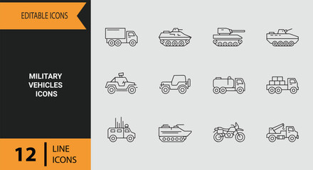 Military Vehicles Icons Outline Package Featuring Tanks Armored Trucks Transport Carrier Equipment and Combat Defense © MdMasudRana