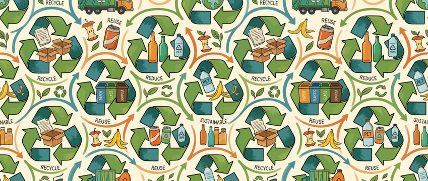 Recycling Pattern: Reduce, Reuse, Recycle Icons with Trash Bins and Eco-Friendly Elements