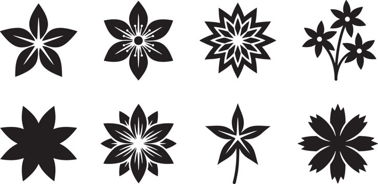 Star shaped flower and pointed lily silhouette set for starburst graphics