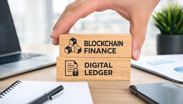 Blockchain finance digital ledger wooden blocks on office desk with laptop notebook and smartphone  business technology concept