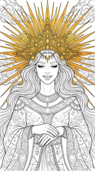 Fototapeta premium Divine Woman with Ornate Crown and Flowing Hair Line Art.