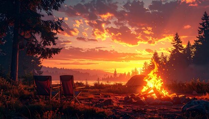Fototapeta premium 焚き火夕暮れキャンプ背景素材