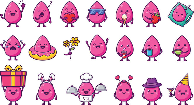 Cute Pink Water Drop Character Set with Different Poses and Expressions Kawaii Cartoon Vector Illustration for Kids Design