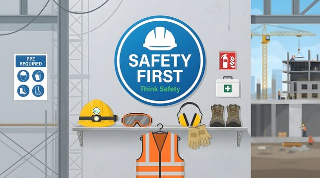 Safety equipment on shelf at construction site with engineer helmet and sign
