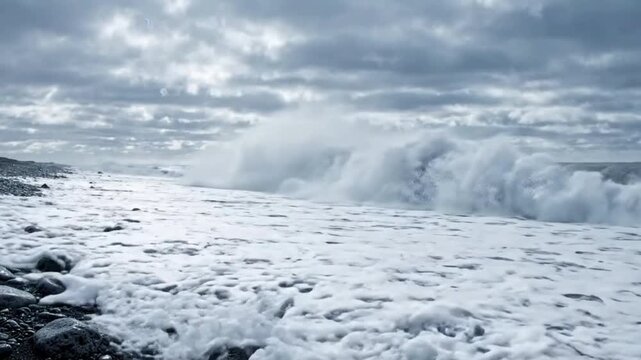 Stormy Ocean Waves Crashing onto Rocky Shoreline During Overcast Day.