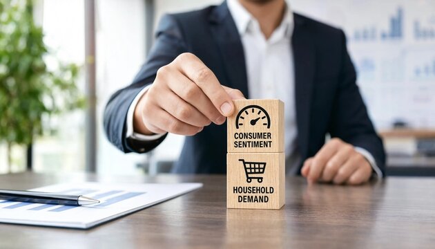 Businessman analyzing consumer sentiment and household demand with wooden blocks on office desk with documents and pen