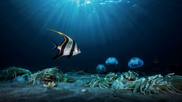 A single bannerfish swimming above the ocean floor with glowing jellyfish