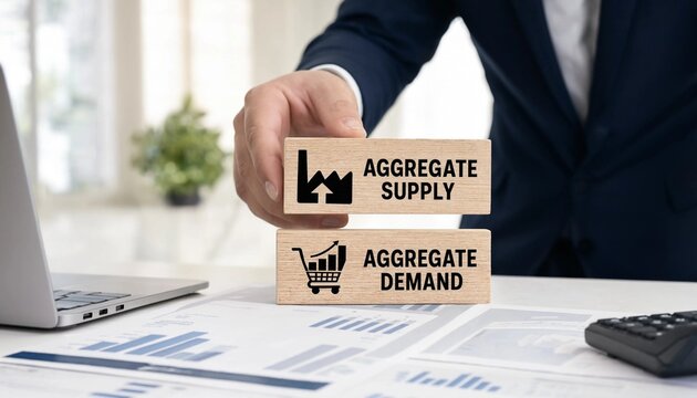 Businessman analyzing economic concepts of aggregate supply and demand with wooden blocks on office desk with laptop and financial papers