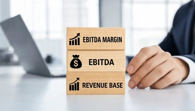 Businessman analyzing financial metrics with ebitda margin revenue base blocks on office desk with laptop in background  financial concepts