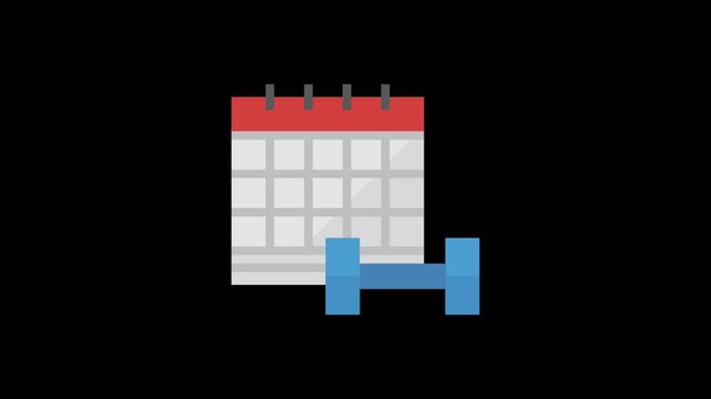 2D flat animation of a calendar with a dumbbell, symbolising fitness planning, workout schedules, and healthy habits.