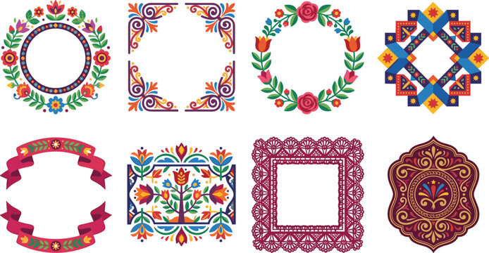 Mexican folk art floral frames and ethnic borders vector collection isolated on white background