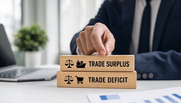 Businessman analyzing trade surplus and deficit blocks on office desk with laptop and plant