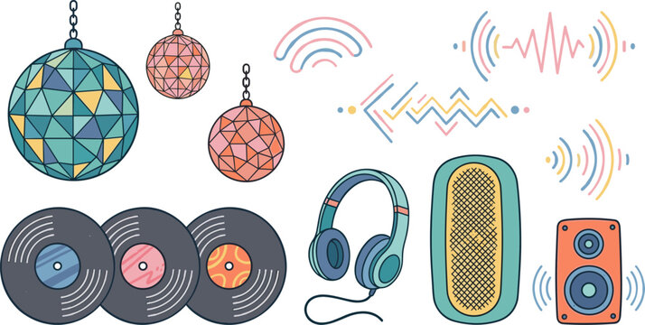 Retro Disco Music Vector Icon Set Featuring Hanging Mirror Balls Vinyl Records Wired Headphones Audio Speakers and Colorful Sound Wave Graphic Elements