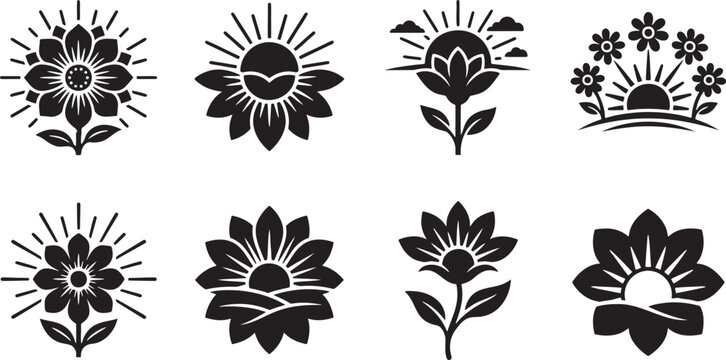 Celestial sunburst flower silhouette collection for mystical branding designs