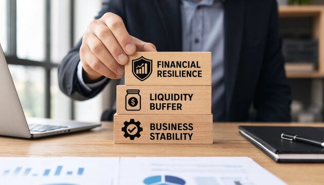 Businessman building financial stability with wooden blocks in office setting with laptop and documents  financial resilience and liquidity buffer concept