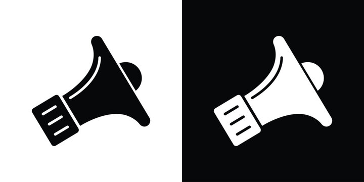 Minimalist megaphone icon set. Black and white stock illustrations of a hand speaker symbol used for public speaking, promotion and advertising.