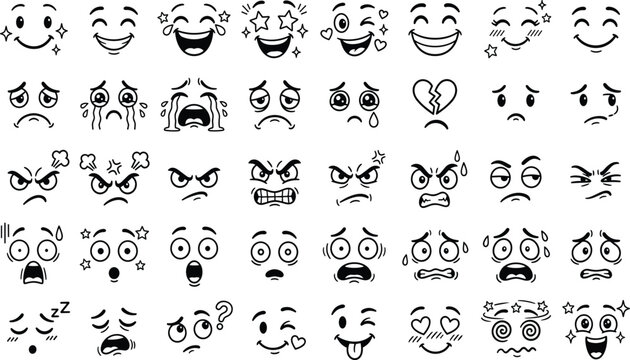 Cute Emoji Facial Expression Collection Cartoon Emoticon Faces Set with Various Human Emotions