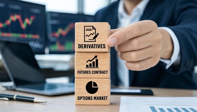 Businessman holding wooden block with derivatives futures contract options market on desk with computer and financial charts in background  financial concepts
