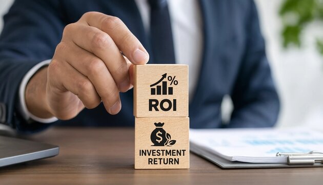 Businessman holding wooden block with return on investment ROI and growth graph symbol on office desk with documents and pen