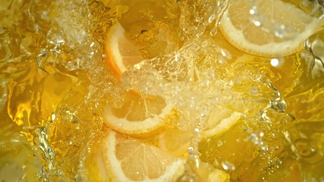 Super Slow Motion Shot of Fresh Lemon Slices Falling into Lemonade at 1000fps.