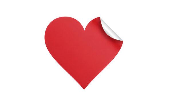 Red heart sticker with a peeled corner isolated on transparent background