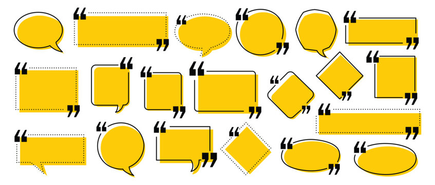 Quote icon set with speech bubble box. Vector illustration of realistic testimonial flat symbol, colorful line message frame text comment citation exclamation boundary template on white background.