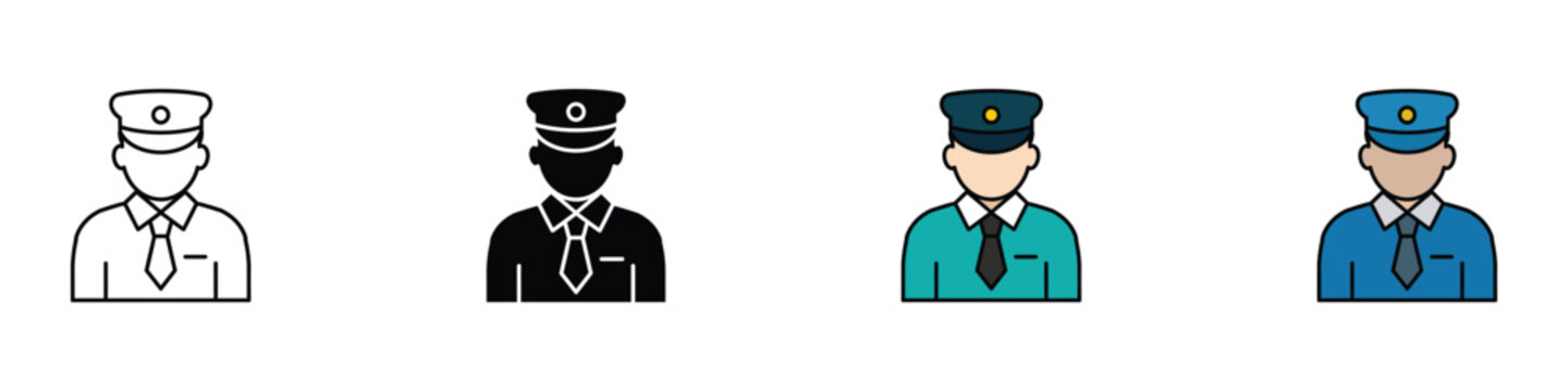 Train conductor officer railway worker icon set with professional uniform. Vector illustration of realistic ticket collector flat symbol, colorful line captain security avatar template.
