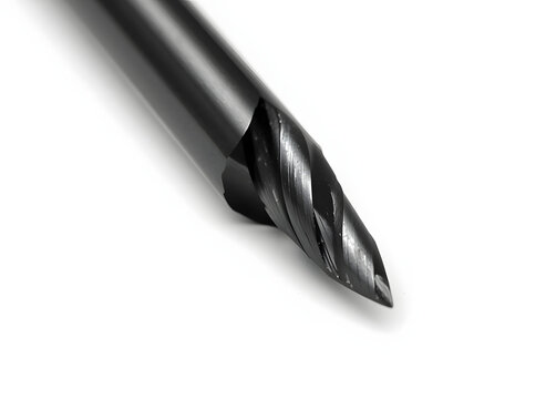 Close-Up of Solid Carbide Engraving Tool Bit for CNC Milling and Carving Isolated on White Background