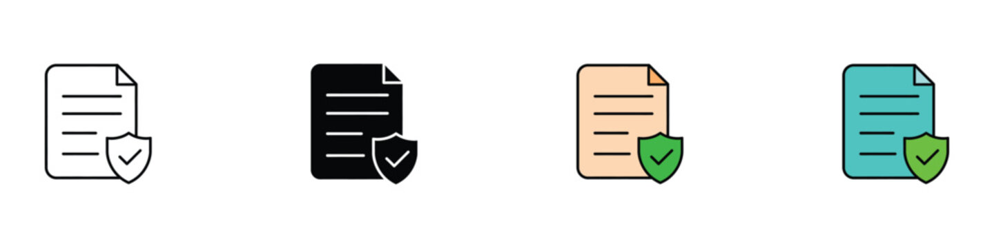 Secure document protection data privacy icon set with verified shield checkmark policy. Vector illustration of realistic legal insurance file symbol, colorful line contract certification template.