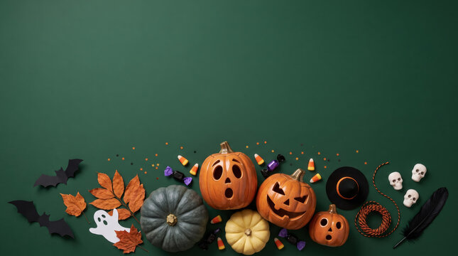 Halloween Pumpkin Border on Green Background with Spooky Decorations and Copy Space, Festive Flat Lay Banner