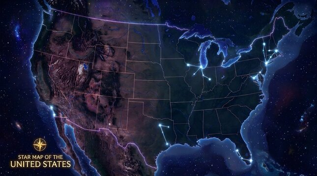Constellation Map of the United States with Major Cities and Cosmic Nebula Background
