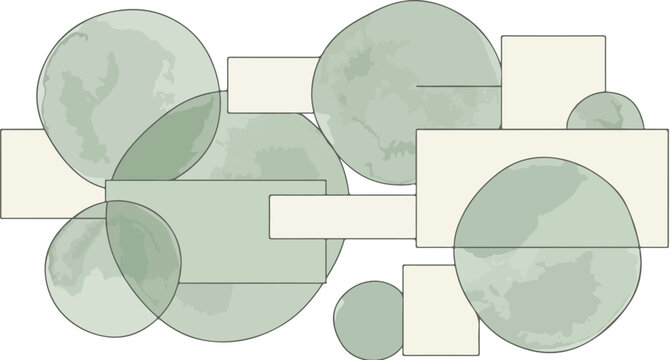 A circular arrangement of large and small green fans and rectangles in a knotted formation on a white background.