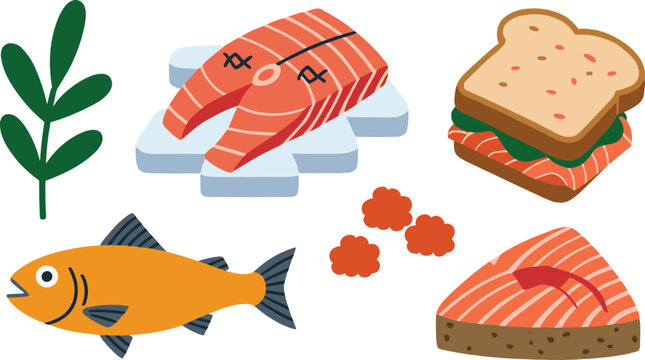 Salmon trout set vector illustration featuring whole fresh fish raw steaks caviar roe herbs and a healthy seafood sandwich element collection