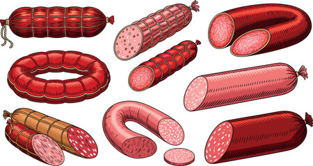 Sausage and salami vector illustration collection featuring hand drawn style smoked wurst bologna pepperoni and chorizo links for butcher menu designs © IVY QUEEN