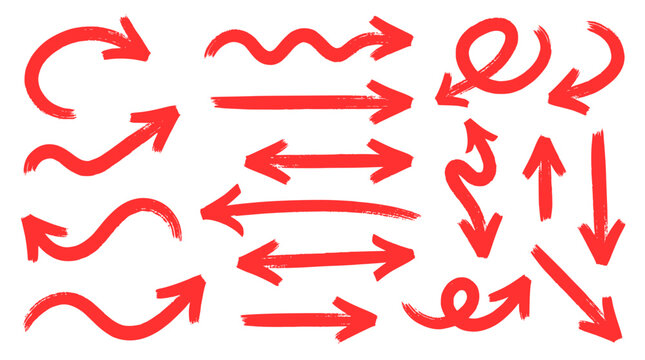 Red Hand Drawn Wavy Curved and Looped Arrows Vector Collection
