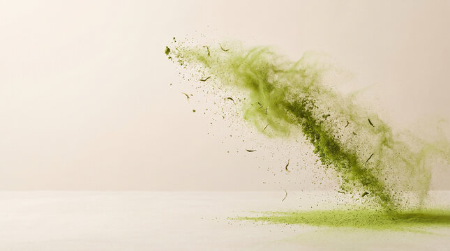 Matcha green tea powder exploding into a soft cloud on a clean neutral background with copy space