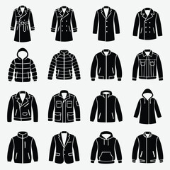 Set of men's outerwear jacket icons with outerwear clothing silhouette windbreaker fashionable wardrobe collection overshirt menswear minimalist commerce shopping © Sabiha