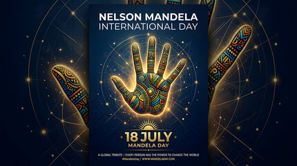 Dark themed nelson mandela international day poster with glowing patterned hand, international