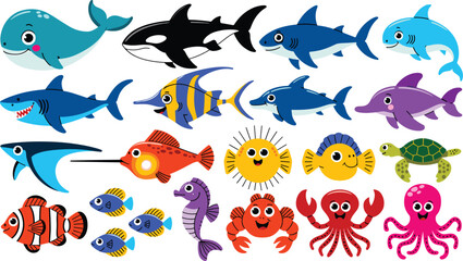Sea creatures cartoon vector illustration collection featuring cute whale shark dolphin turtle octopus crab seahorse and colorful tropical ocean fish © IVY QUEEN