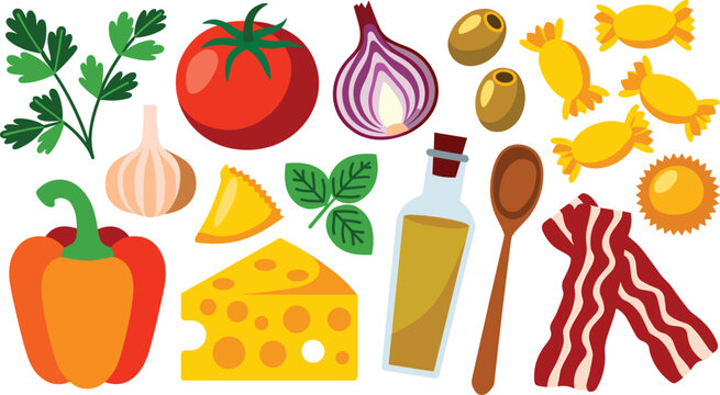 Italian food ingredients flat vector illustration set featuring tomato pasta cheese olive oil garlic onion bell pepper herbs and bacon strips
