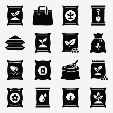 Agricultural fertilizer and seeds packaging icons with fertilizer gardening agriculture planting silhouette horticulture container landscaping cultivation illustration supplies material