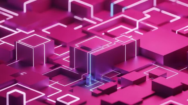 Abstract 3d digital city blocks with glowing neon lines