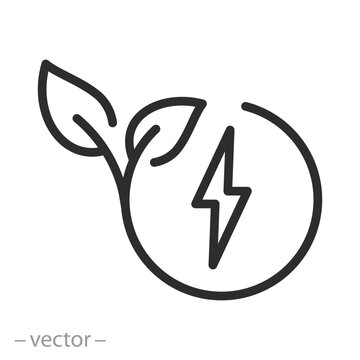 green power, leaf lightning icon, renewable energy, thin line web symbol on white background - editable stroke vector illustration eps10