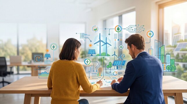 Business team planning renewable energy project in office, sustainable development and green technology concept with wind turbines and solar panels for eco-friendly urban