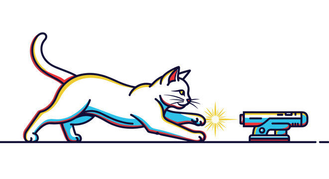 White cat chasing laser pointer toy.